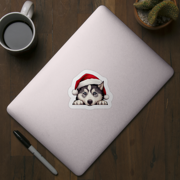 Christmas Peeking Siberian Husky Dog by Chromatic Fusion Studio